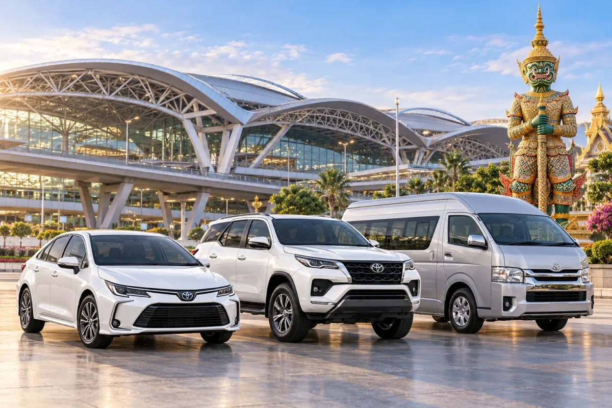 Illustration of ECO sedan, SUV and private van with a Thai airport and yaksha guardian